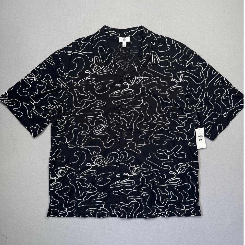 Mode of One Relaxed  Embroidered Button-Down Poplin Camp Shirt Deep Black L $50